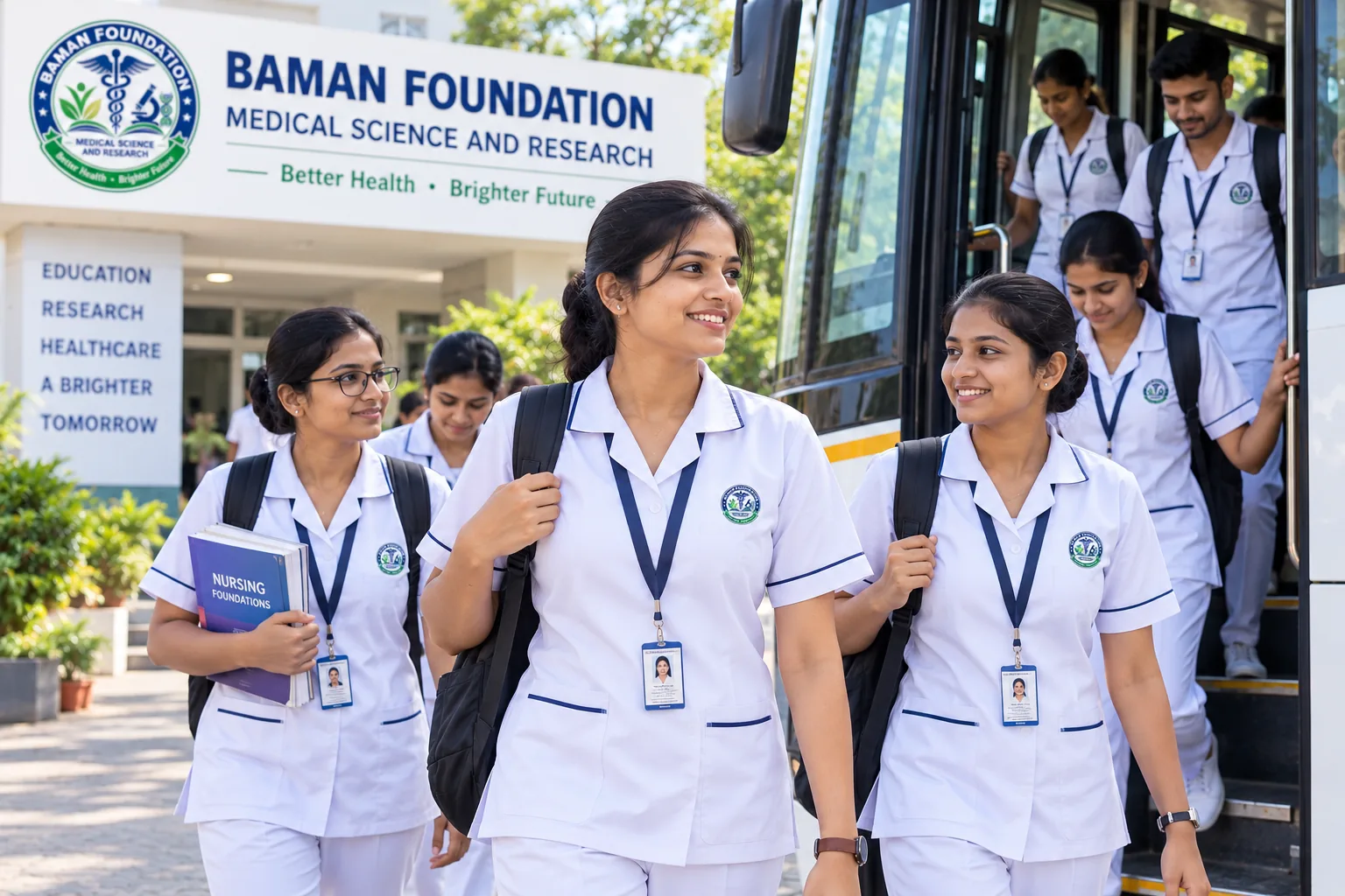 Nursing students at campus bus